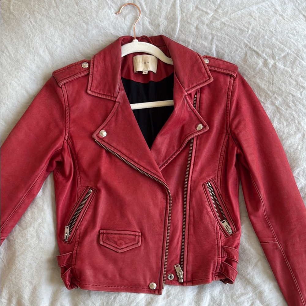IRO Red Leather Moto Jacket Asymmetrical Zippers